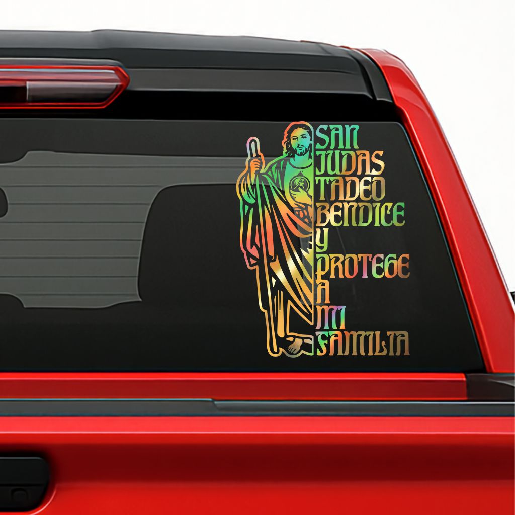 San Judas Tadeo Sticker – Bless & Protect My Family / Calcomanía en Vinil con Frase de Protección