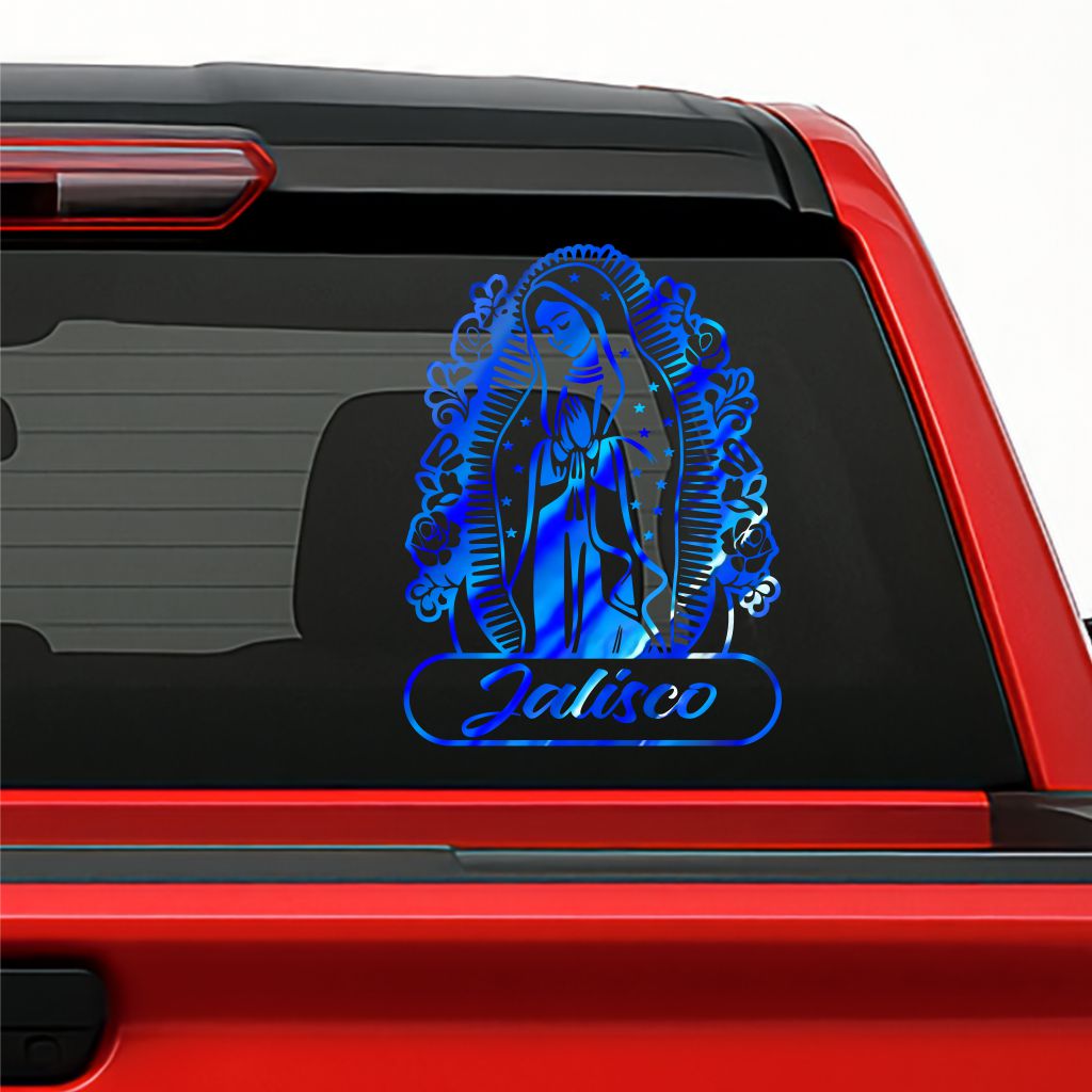 Virgen de Guadalupe Holographic Decal – Personalized with Any Mexican State / Sticker Personalizado con Estados de México