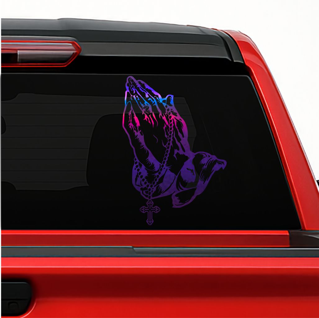 Praying Hands / Manos Orando Holographic Sticker – Religious Vinyl Decal with Rosary Cross for Car, Truck & Window