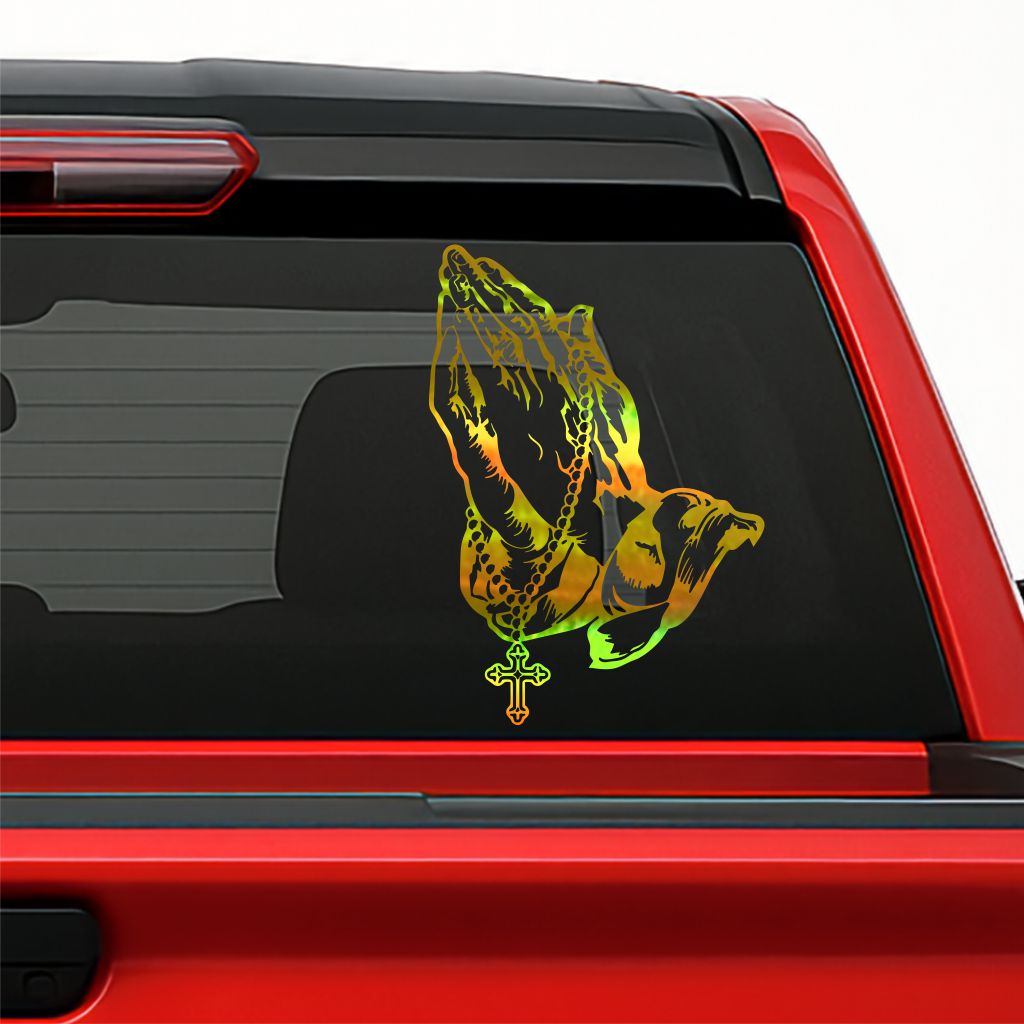 Praying Hands / Manos Orando Holographic Sticker – Religious Vinyl Decal with Rosary Cross for Car, Truck & Window