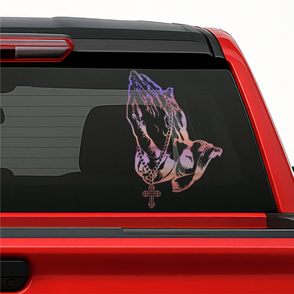 Praying Hands / Manos Orando Holographic Sticker – Religious Vinyl Decal with Rosary Cross for Car, Truck & Window