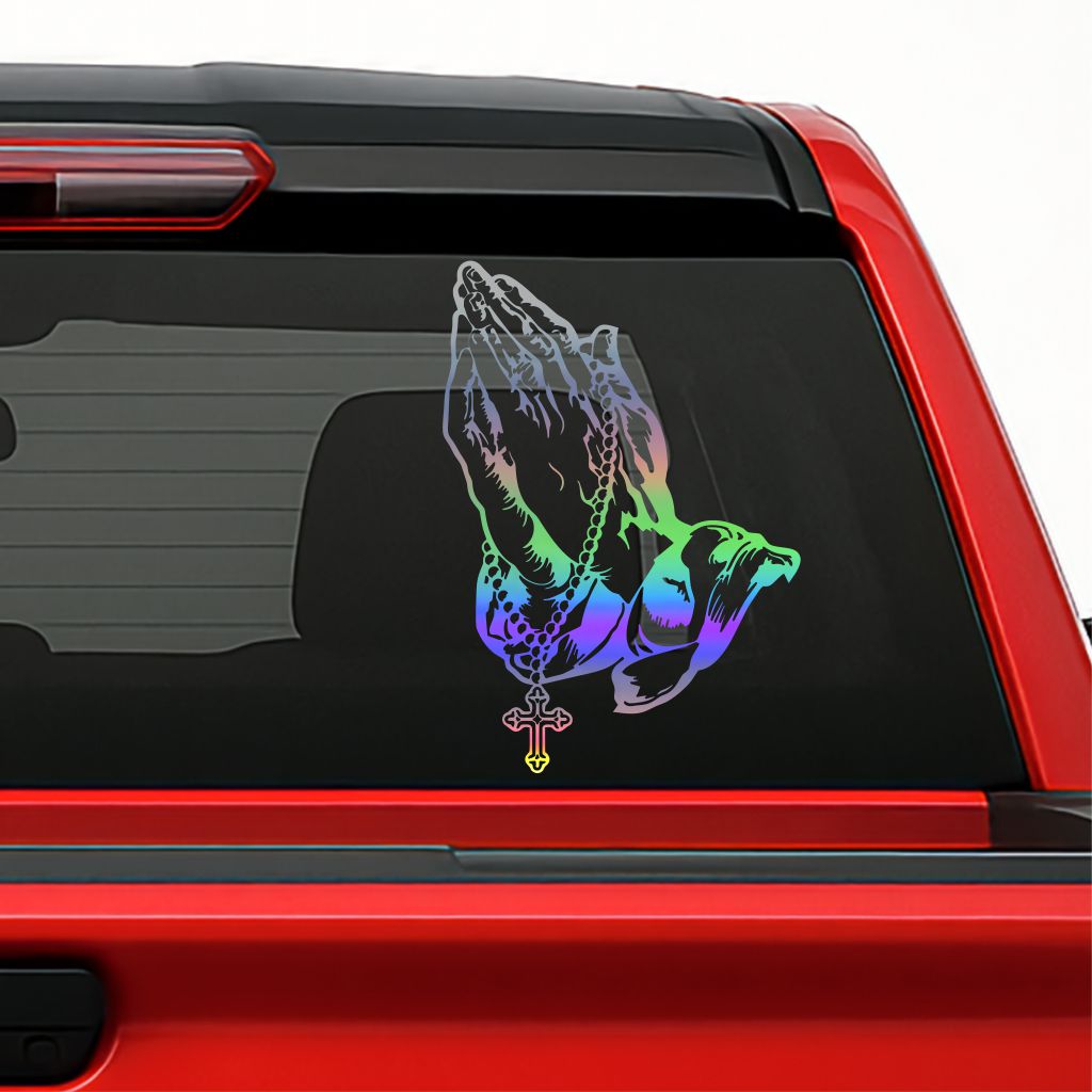 Praying Hands / Manos Orando Holographic Sticker – Religious Vinyl Decal with Rosary Cross for Car, Truck & Window