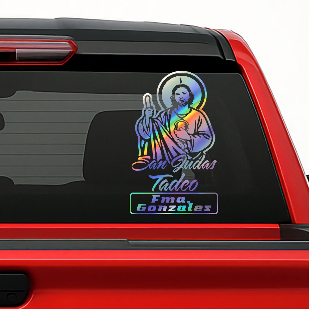 San Judas Tadeo Holographic Decal – Custom Text / Sticker Personalizado con Tu Nombre, Apellido etc.