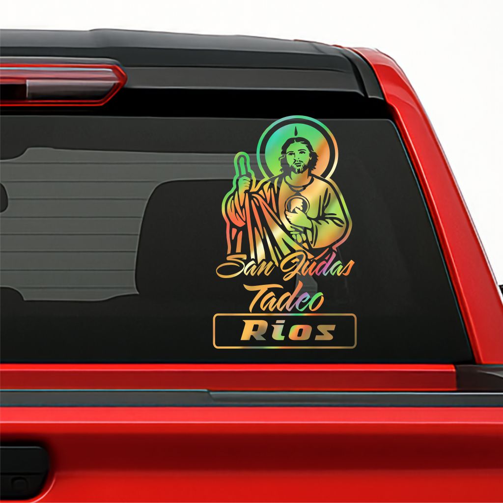San Judas Tadeo Holographic Decal – Custom Text / Sticker Personalizado con Tu Nombre, Apellido etc.
