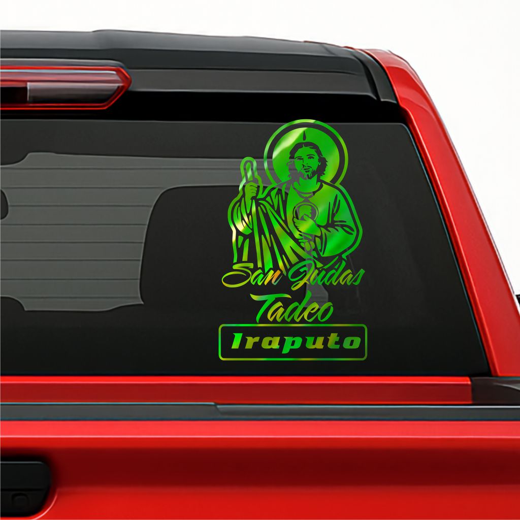 San Judas Tadeo Holographic Decal – Custom Text / Sticker Personalizado con Tu Nombre, Apellido etc.