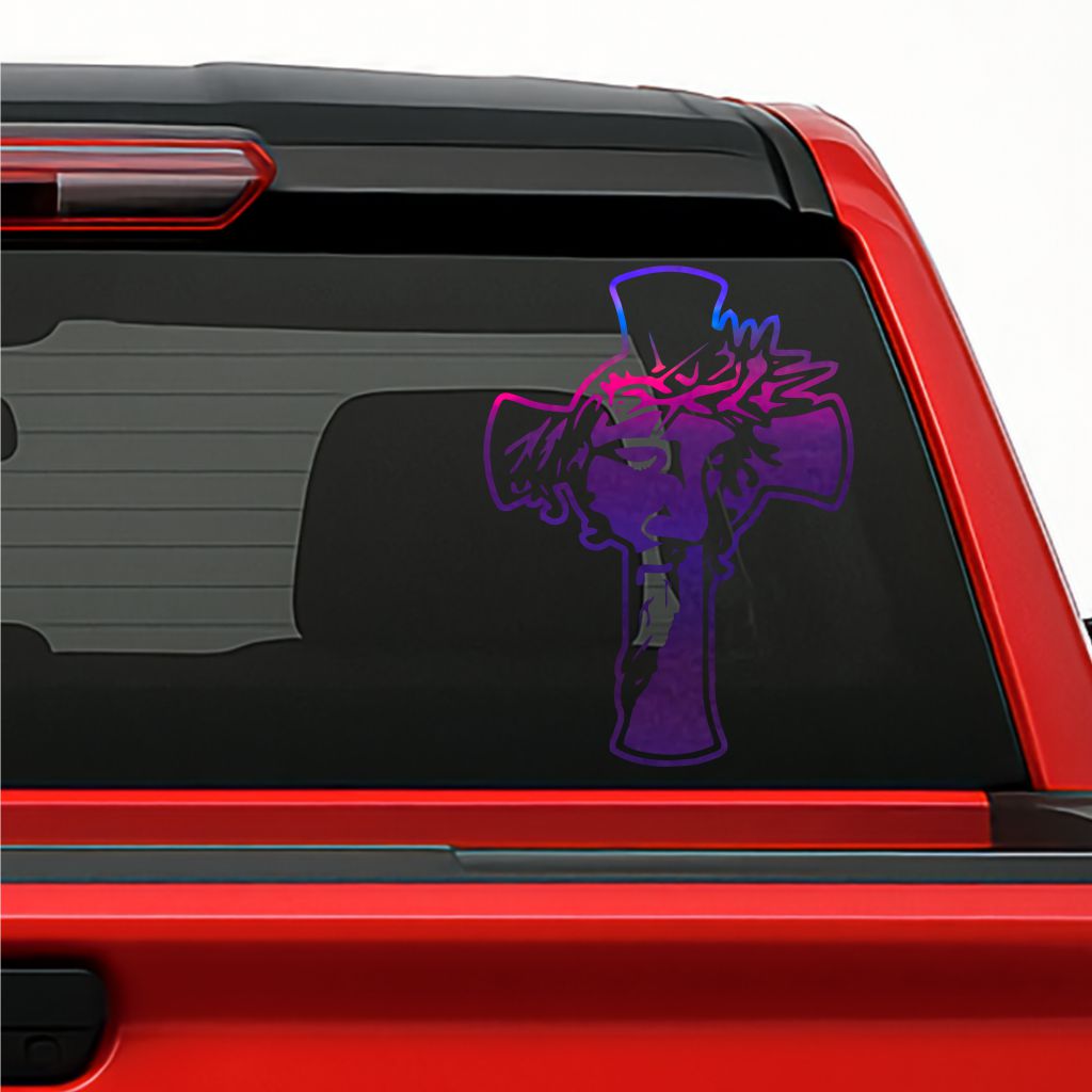 Cruz con Cristo Sticker / Holographic Jesus Cross Decal – Religious Vinyl for Car, Truck & Window Decoration