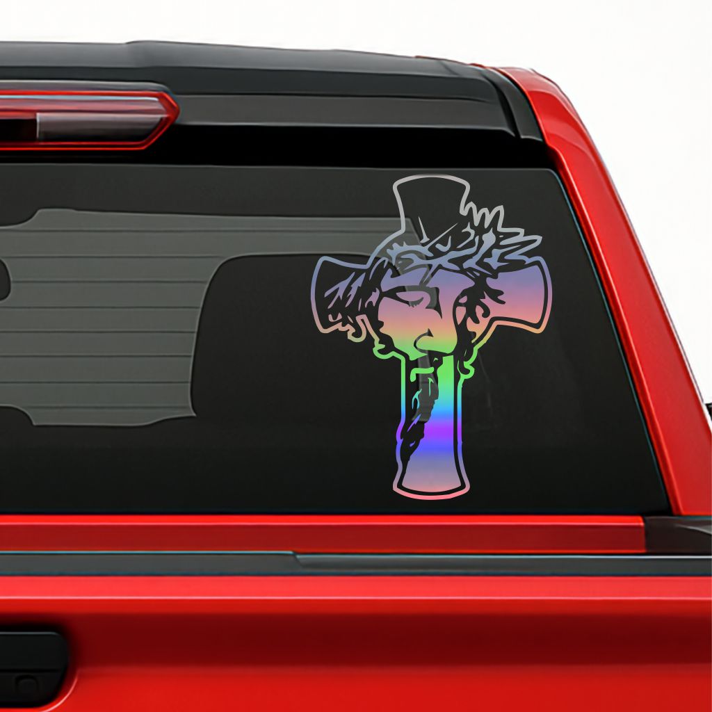 Cruz con Cristo Sticker / Holographic Jesus Cross Decal – Religious Vinyl for Car, Truck & Window Decoration