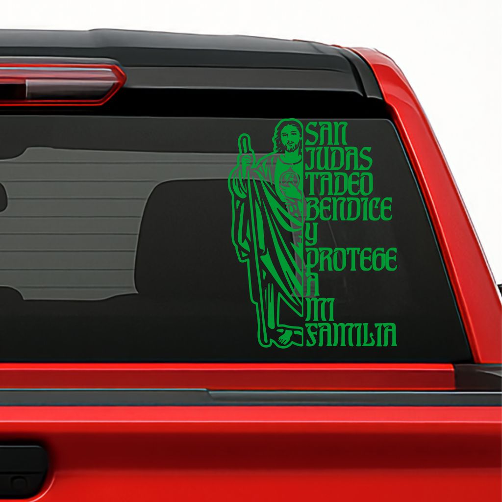 San Judas Tadeo Sticker – Bless & Protect My Family / Calcomanía en Vinil con Frase de Protección