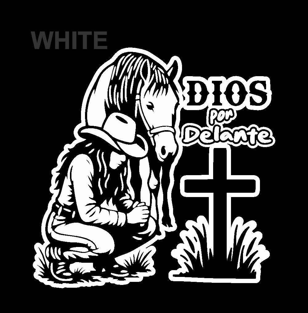 Dios por Delante Sticker – Cowgirl & Cross Vinyl Decal / Calcomanía Vaquera Religiosa en Vinil