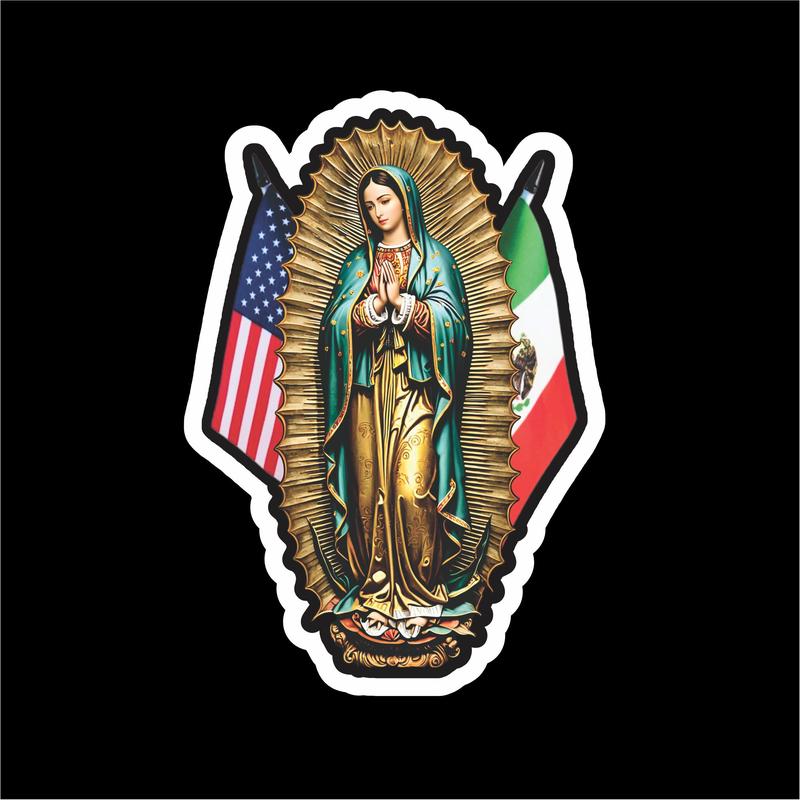 Virgen de Guadalupe con Banderas México y USA / Our Lady of Guadalupe Religious Car Sticker