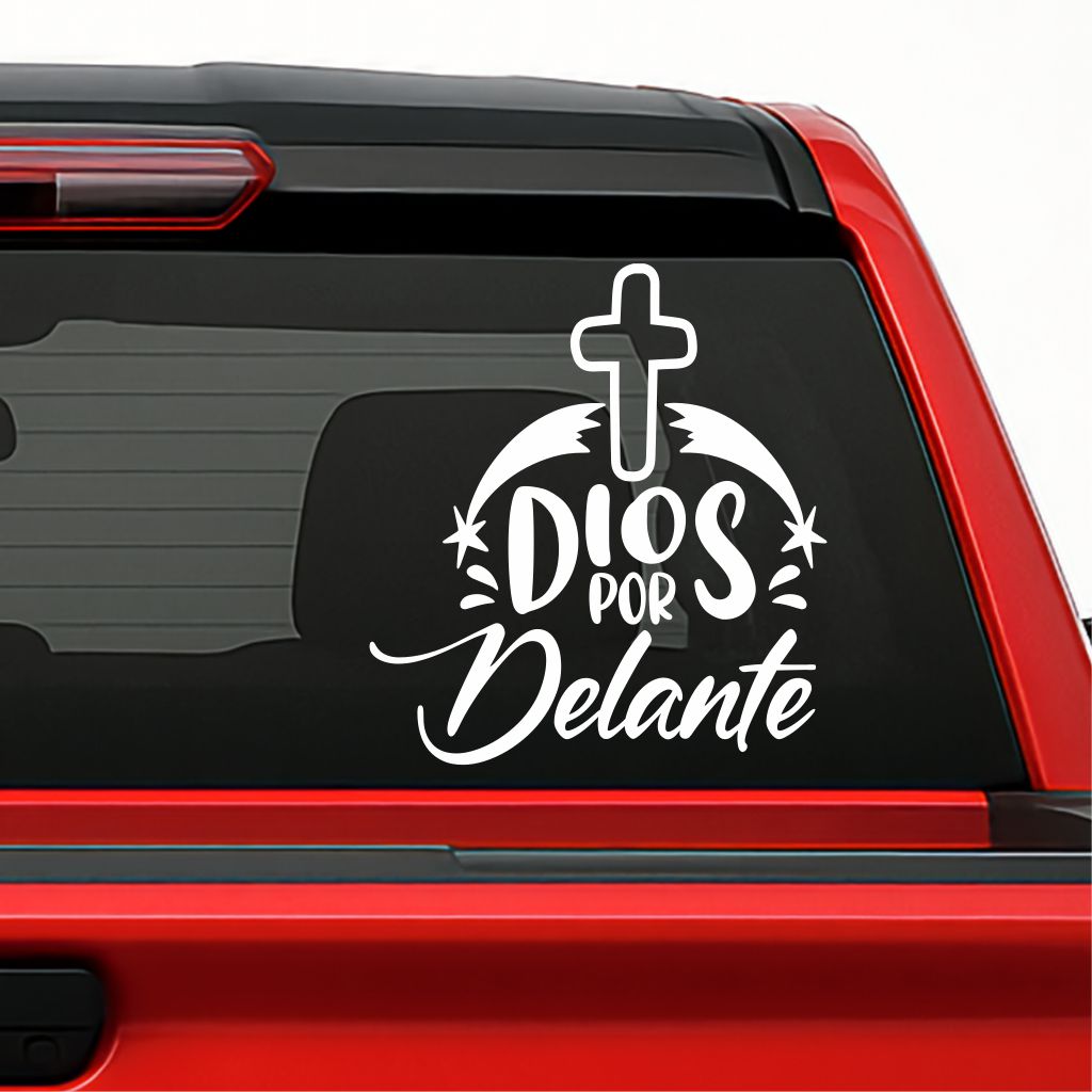 Dios por Delante Holographic Sticker – Cross Vinyl Decal / Calcomanía en Vinil con Cruz y Texto Religioso