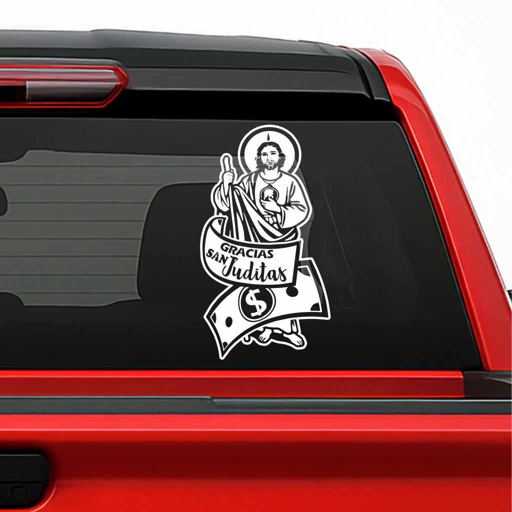 San Judas Tadeo Money Sticker – Saint Jude Prosperity Vinyl Decal for Cars & Trucks