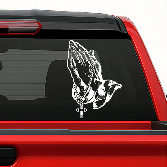 Praying Hands / Manos Orando Holographic Sticker – Religious Vinyl Decal with Rosary Cross for Car, Truck & Window