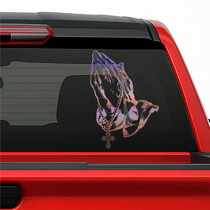 Praying Hands / Manos Orando Holographic Sticker – Religious Vinyl Decal with Rosary Cross for Car, Truck & Window