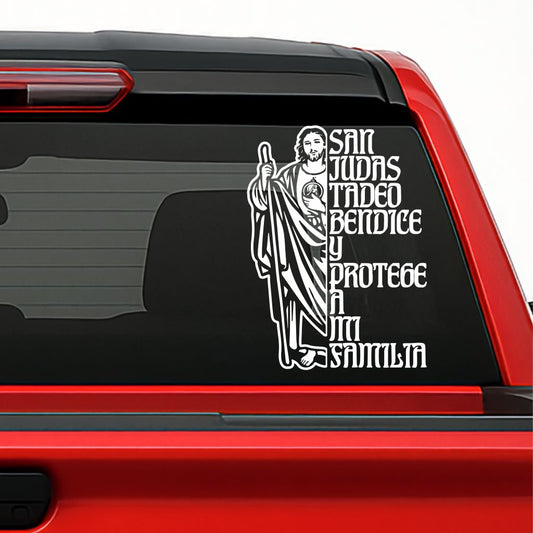 San Judas Tadeo Sticker – Bless & Protect My Family / Calcomanía en Vinil con Frase de Protección