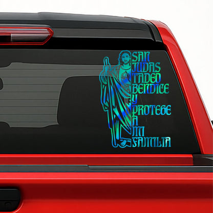 San Judas Tadeo Sticker – Bless & Protect My Family / Calcomanía en Vinil con Frase de Protección