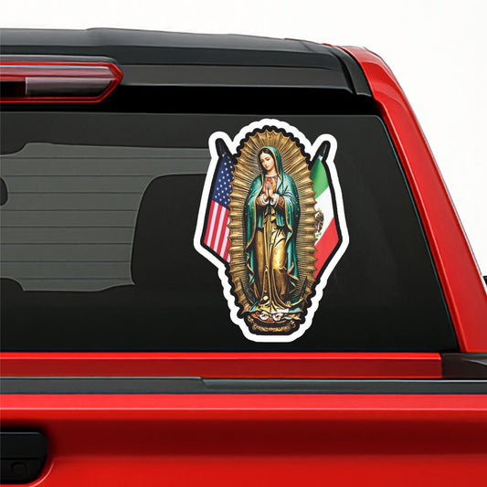 Virgen de Guadalupe con Banderas México y USA / Our Lady of Guadalupe Religious Car Sticker