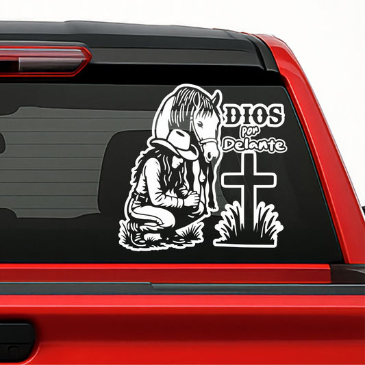 Dios por Delante Sticker – Cowgirl & Cross Vinyl Decal / Calcomanía Vaquera Religiosa en Vinil