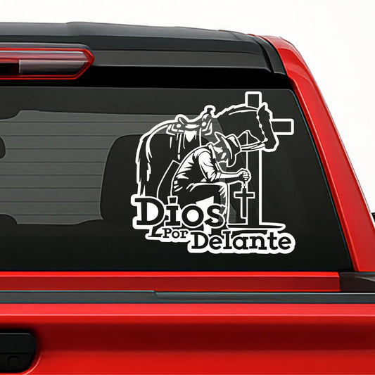 Dios por Delante Cowboy Sticker – Religious Vinyl Decal for Car/Window