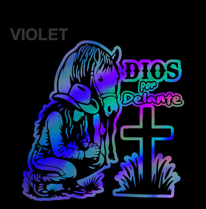 Dios por Delante Sticker – Cowgirl & Cross Vinyl Decal / Calcomanía Vaquera Religiosa en Vinil