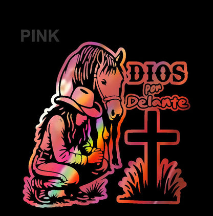 Dios por Delante Sticker – Cowgirl & Cross Vinyl Decal / Calcomanía Vaquera Religiosa en Vinil