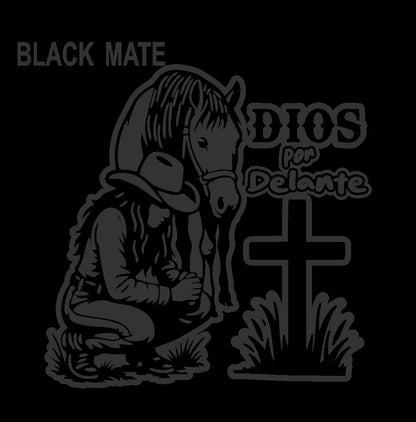 Dios por Delante Sticker – Cowgirl & Cross Vinyl Decal / Calcomanía Vaquera Religiosa en Vinil