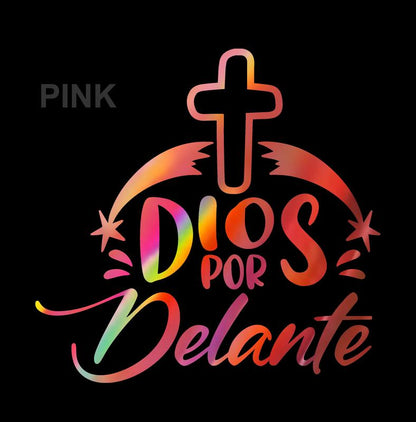 Dios por Delante Holographic Sticker – Cross Vinyl Decal / Calcomanía en Vinil con Cruz y Texto Religioso