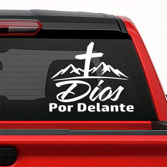 Dios por Delante Sticker – Cross & Mountains Vinyl Decal / Calcomanía en Vinil con Cruz y Montañas