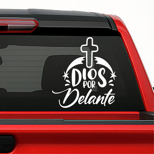 Dios por Delante Holographic Sticker – Cross Vinyl Decal / Calcomanía en Vinil con Cruz y Texto Religioso